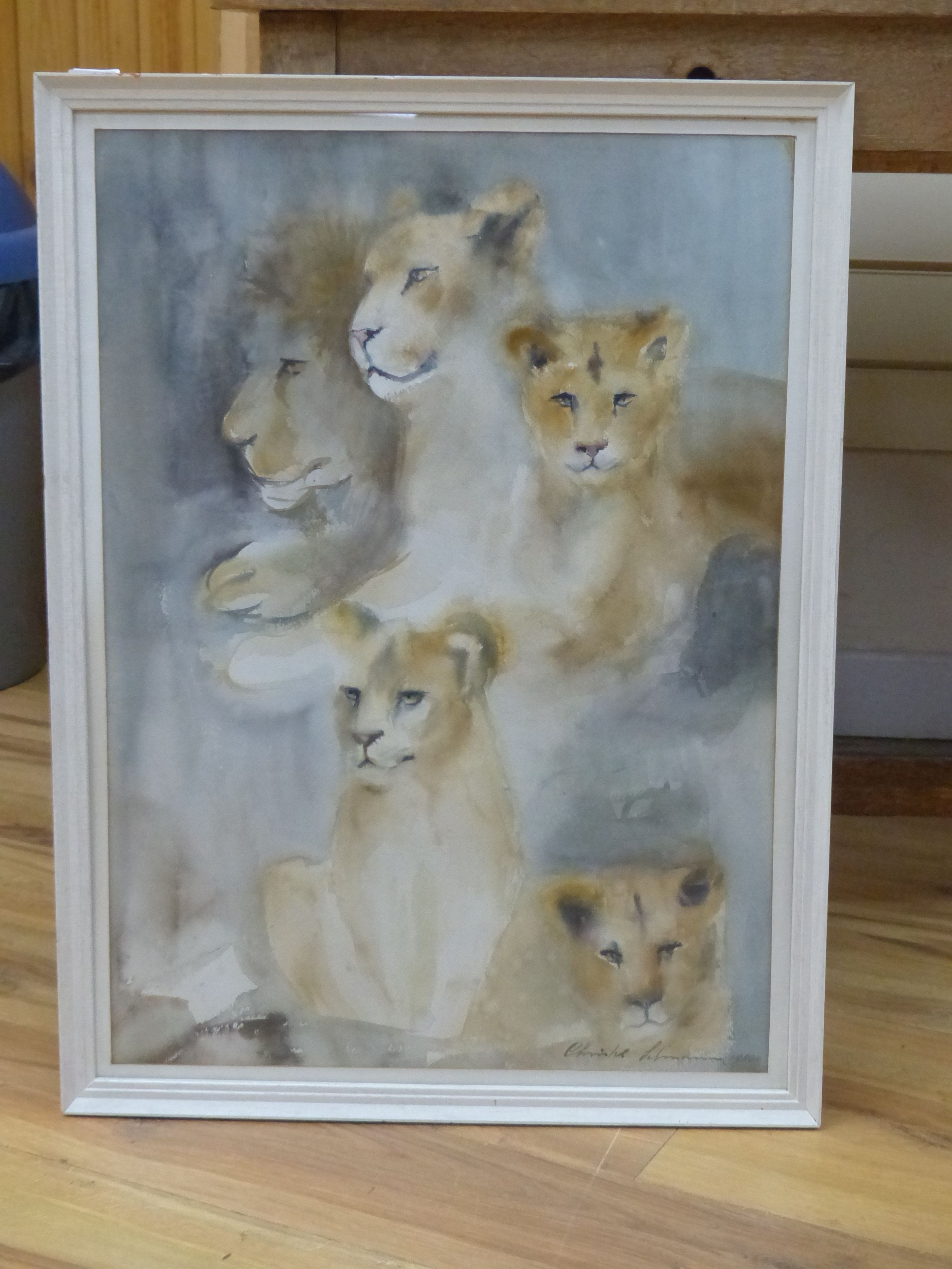 Crislett Lehmann, watercolour, Study of lions, signed and dated 1980, 64 x 46cm